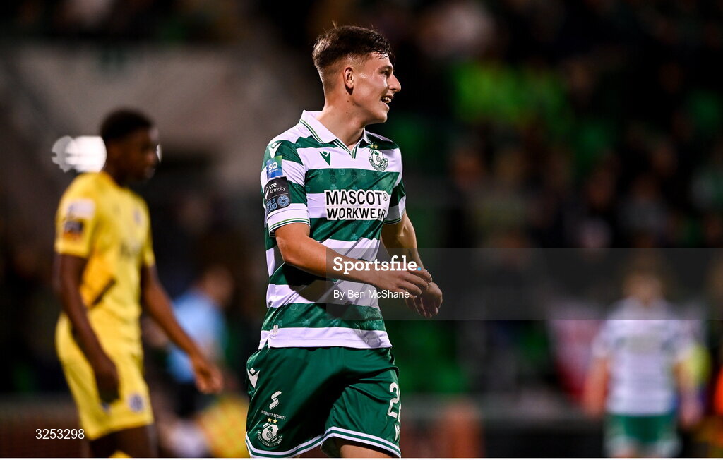 5 October 2025; Cian Barrett of Shamrock Rovers after scoring their side's sixth goal during the Sports Direct Men’s FAI Cup semi-final match between Shamrock Rovers and Kerry FC at Tallaght Stadium in Dublin. Photo by Ben McShane/Sportsfile