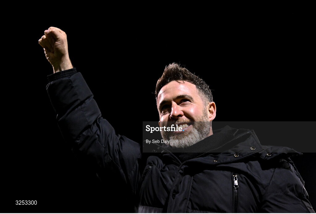 5 October 2025; Shamrock Rovers manager Stephen Bradley celebrates after his side's victory in the Sports Direct Men’s FAI Cup semi-final match between Shamrock Rovers and Kerry FC at Tallaght Stadium in Dublin. Photo by Seb Daly/Sportsfile
