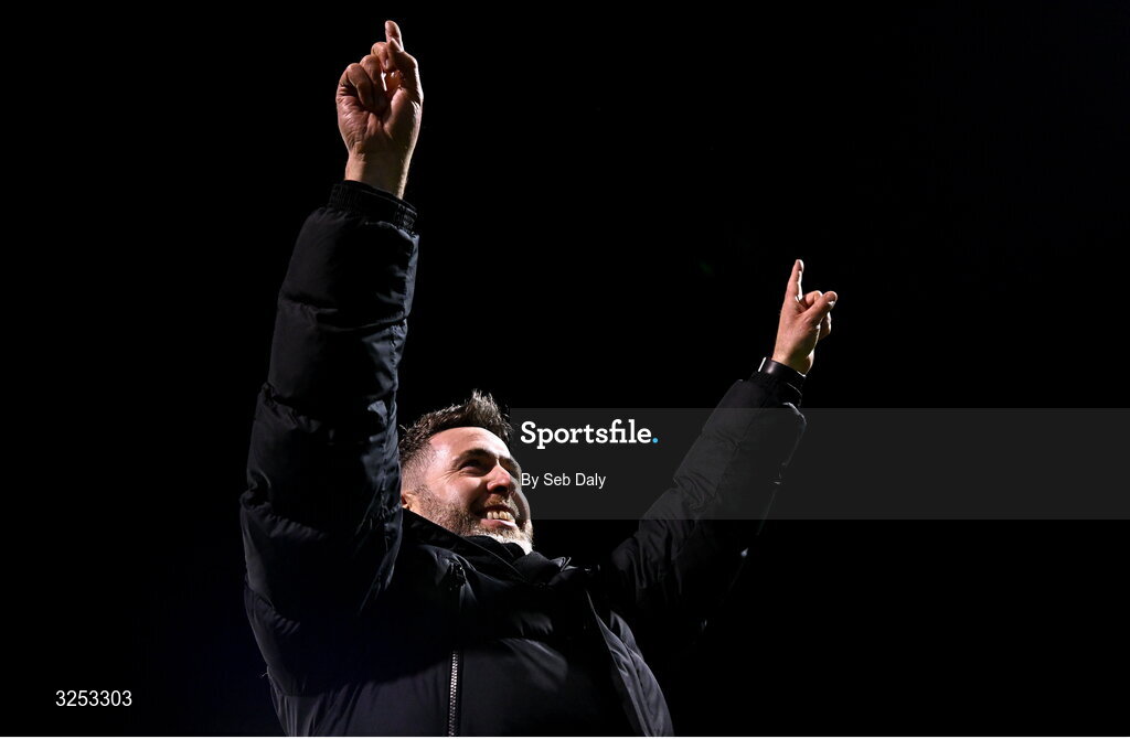 5 October 2025; Shamrock Rovers manager Stephen Bradley celebrates after his side's victory in the Sports Direct Men’s FAI Cup semi-final match between Shamrock Rovers and Kerry FC at Tallaght Stadium in Dublin. Photo by Seb Daly/Sportsfile