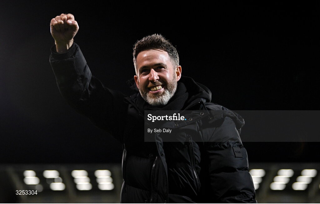 5 October 2025; Shamrock Rovers manager Stephen Bradley celebrates after his side's victory in the Sports Direct Men’s FAI Cup semi-final match between Shamrock Rovers and Kerry FC at Tallaght Stadium in Dublin. Photo by Seb Daly/Sportsfile