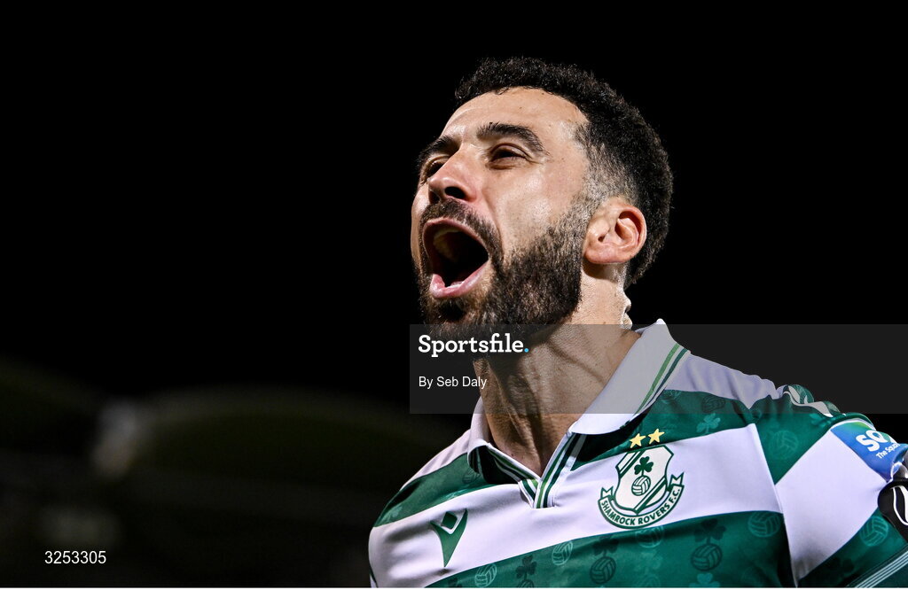 5 October 2025; Roberto Lopes of Shamrock Rovers celebrates after his side's victory in the Sports Direct Men’s FAI Cup semi-final match between Shamrock Rovers and Kerry FC at Tallaght Stadium in Dublin. Photo by Seb Daly/Sportsfile