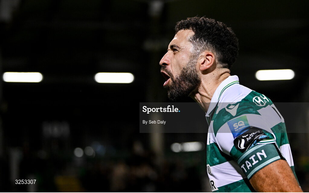 5 October 2025; Roberto Lopes of Shamrock Rovers celebrates after his side's victory in the Sports Direct Men’s FAI Cup semi-final match between Shamrock Rovers and Kerry FC at Tallaght Stadium in Dublin. Photo by Seb Daly/Sportsfile