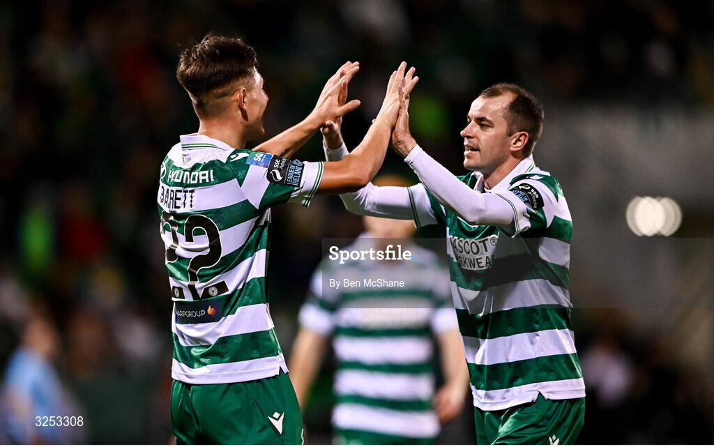 5 October 2025; Cian Barrett of Shamrock Rovers celebrates with Sean Kavanagh, right, after scoring their side's sixth goal during the Sports Direct Men’s FAI Cup semi-final match between Shamrock Rovers and Kerry FC at Tallaght Stadium in Dublin. Photo by Ben McShane/Sportsfile