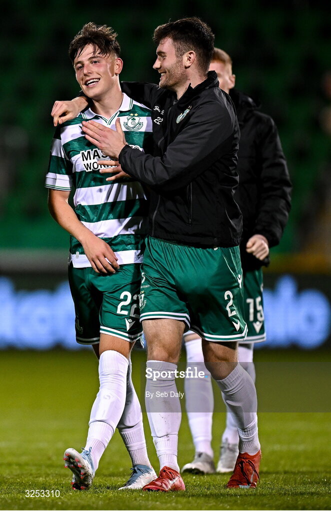5 October 2025; Shamrock Rovers players Cian Barrett, left, and Josh Honohan celebrate after their side's victory in the Sports Direct Men’s FAI Cup semi-final match between Shamrock Rovers and Kerry FC at Tallaght Stadium in Dublin. Photo by Seb Daly/Sportsfile