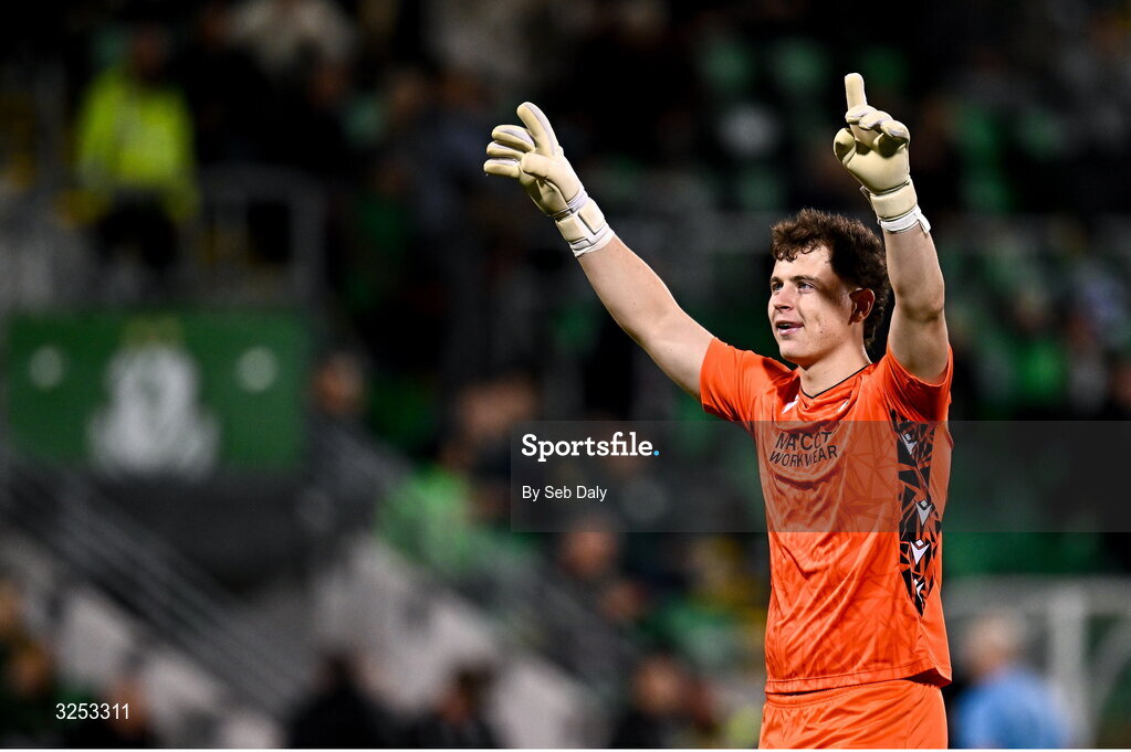 5 October 2025; Shamrock Rovers goalkeeper Ed McGinty celebrates after his side's victory in the Sports Direct Men’s FAI Cup semi-final match between Shamrock Rovers and Kerry FC at Tallaght Stadium in Dublin. Photo by Seb Daly/Sportsfile