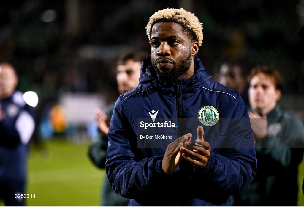 5 October 2025; Daniel Okwute of Kerry FC after the Sports Direct Men’s FAI Cup semi-final match between Shamrock Rovers and Kerry FC at Tallaght Stadium in Dublin. Photo by Ben McShane/Sportsfile