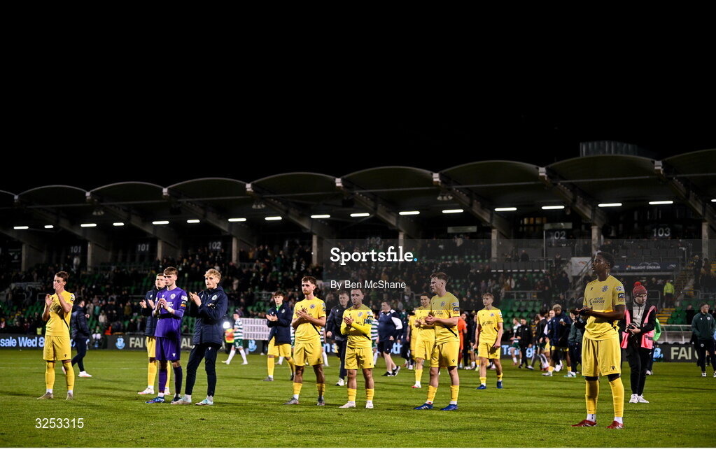 5 October 2025; Kerry FC players react after their defeat in the Sports Direct Men’s FAI Cup semi-final match between Shamrock Rovers and Kerry FC at Tallaght Stadium in Dublin. Photo by Ben McShane/Sportsfile