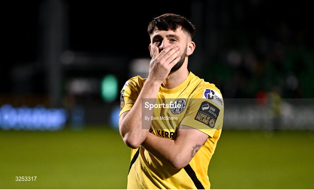 5 October 2025; Joe Adams of Kerry FC reacts after his side's defeat in the Sports Direct Men’s FAI Cup semi-final match between Shamrock Rovers and Kerry FC at Tallaght Stadium in Dublin. Photo by Ben McShane/Sportsfile