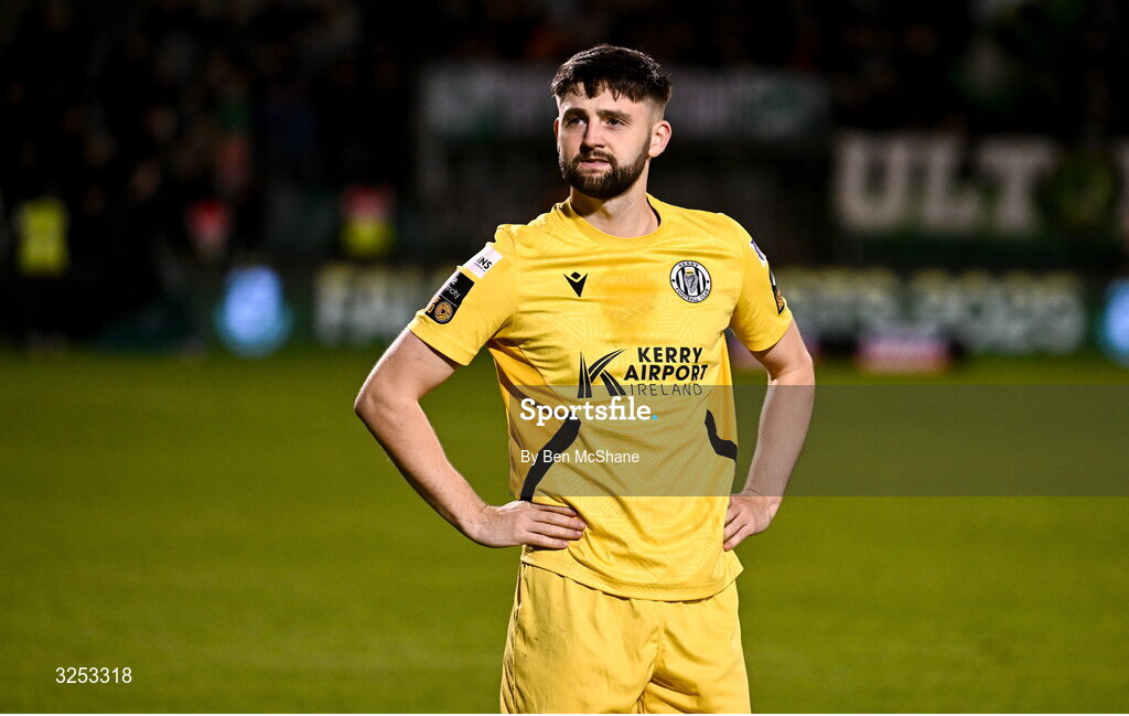 5 October 2025; Joe Adams of Kerry FC reacts after his side's defeat in the Sports Direct Men’s FAI Cup semi-final match between Shamrock Rovers and Kerry FC at Tallaght Stadium in Dublin. Photo by Ben McShane/Sportsfile