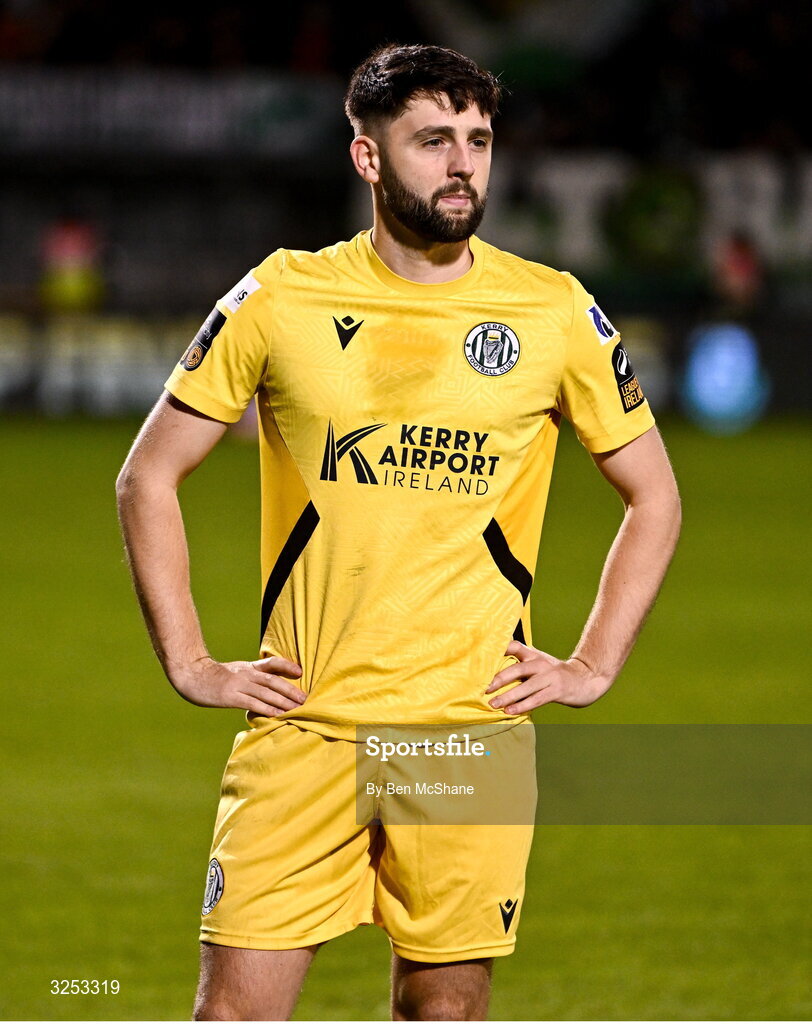 5 October 2025; Joe Adams of Kerry FC reacts after his side's defeat in the Sports Direct Men’s FAI Cup semi-final match between Shamrock Rovers and Kerry FC at Tallaght Stadium in Dublin. Photo by Ben McShane/Sportsfile