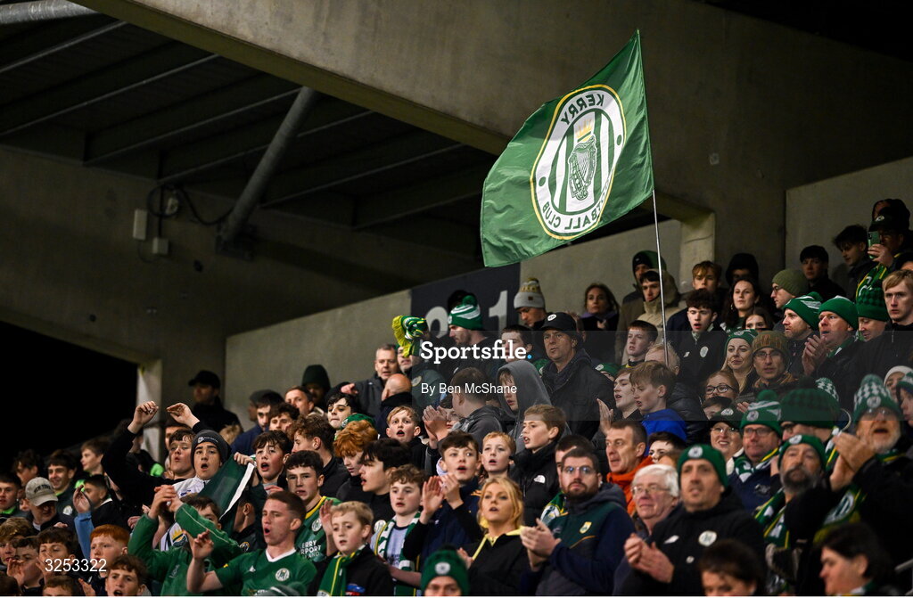 5 October 2025; Kerry FC supporters cheer toward the Kerry FC players after the Sports Direct Men’s FAI Cup semi-final match between Shamrock Rovers and Kerry FC at Tallaght Stadium in Dublin. Photo by Ben McShane/Sportsfile