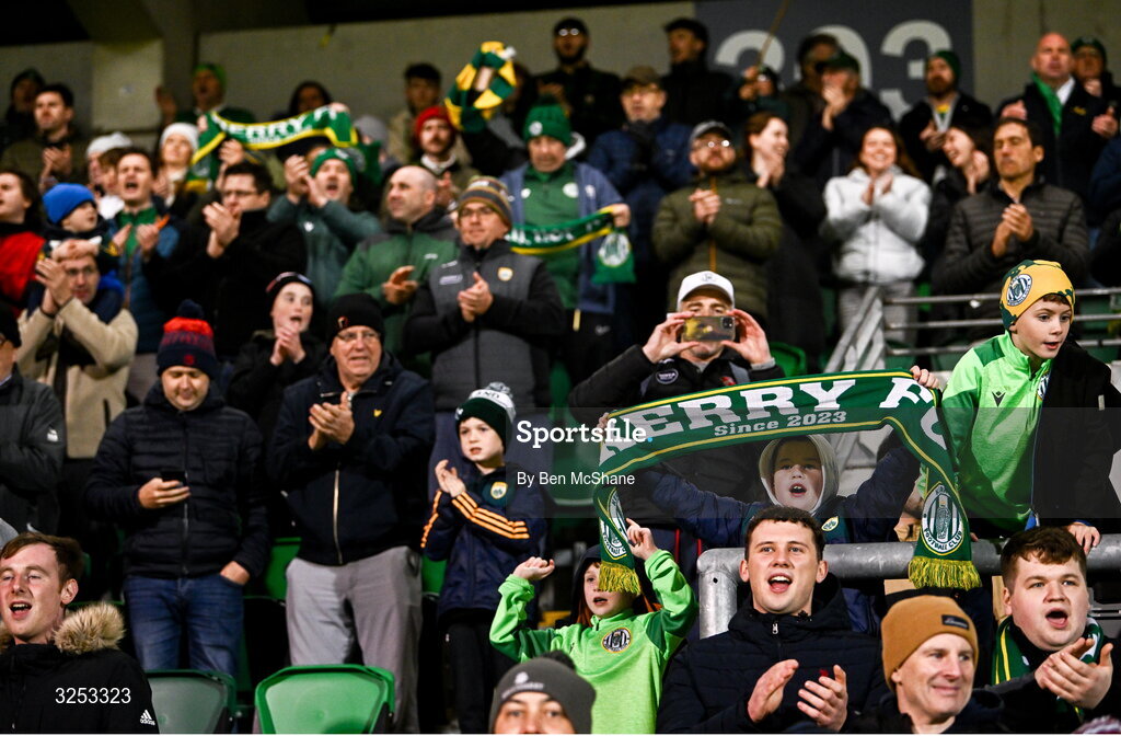 5 October 2025; Kerry FC supporters cheer toward the Kerry FC players after the Sports Direct Men’s FAI Cup semi-final match between Shamrock Rovers and Kerry FC at Tallaght Stadium in Dublin. Photo by Ben McShane/Sportsfile