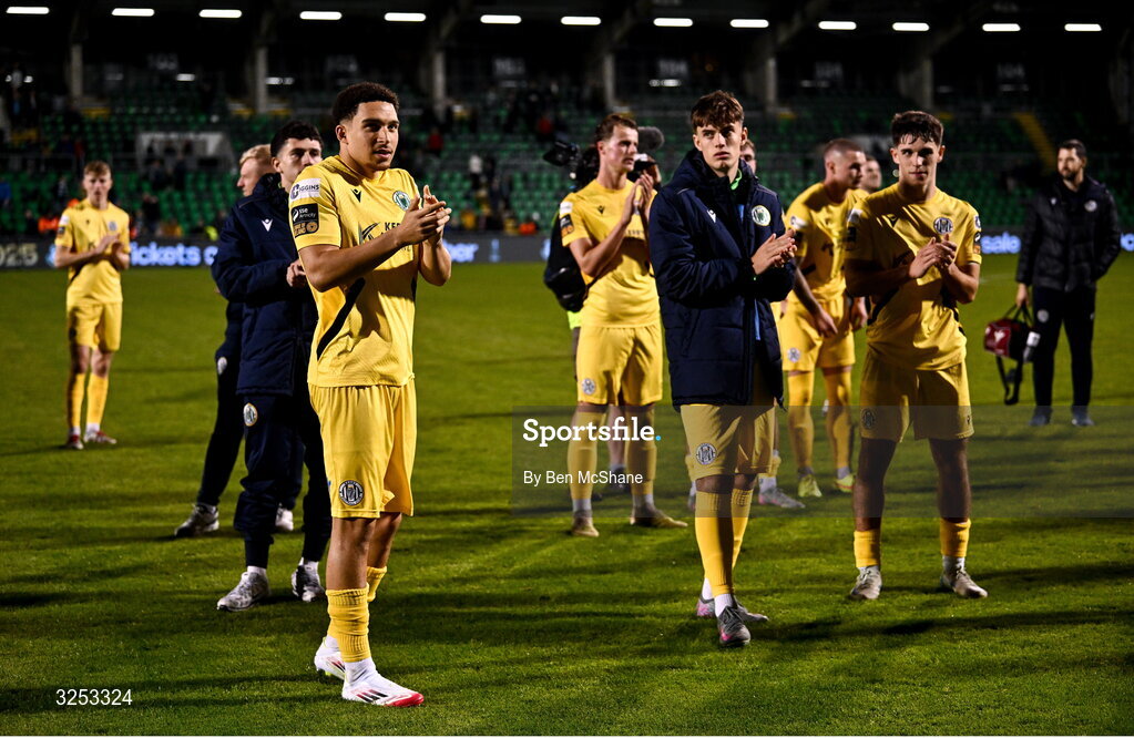 5 October 2025; Kerry FC players, including Robbie Cleary, left, applaud the travelling supporters after the Sports Direct Men’s FAI Cup semi-final match between Shamrock Rovers and Kerry FC at Tallaght Stadium in Dublin. Photo by Ben McShane/Sportsfile