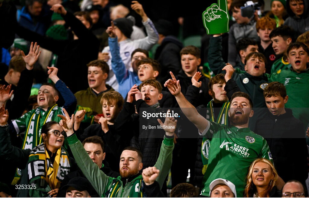 5 October 2025; Kerry FC supporters cheer toward the Kerry FC players after the Sports Direct Men’s FAI Cup semi-final match between Shamrock Rovers and Kerry FC at Tallaght Stadium in Dublin. Photo by Ben McShane/Sportsfile