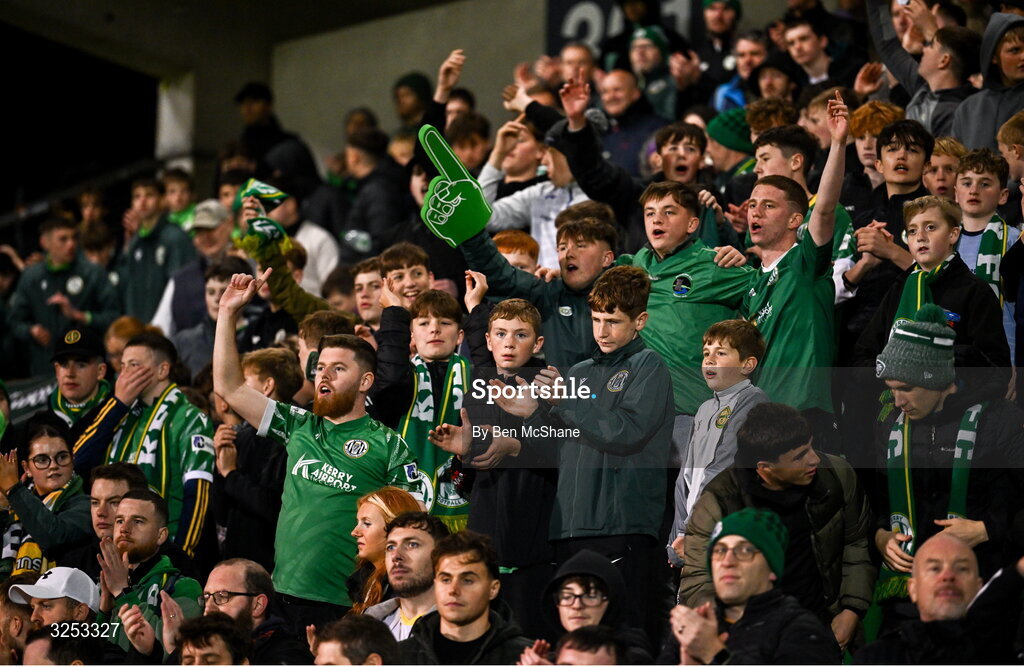 5 October 2025; Kerry FC supporters cheer toward the Kerry FC players after the Sports Direct Men’s FAI Cup semi-final match between Shamrock Rovers and Kerry FC at Tallaght Stadium in Dublin. Photo by Ben McShane/Sportsfile