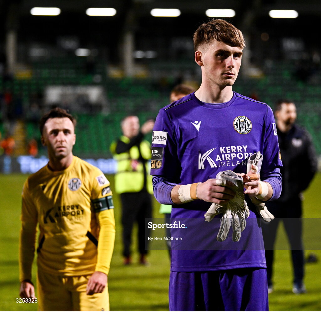 5 October 2025; Kerry FC goalkeeper Darragh Foley reacts after his side's defeat in the Sports Direct Men’s FAI Cup semi-final match between Shamrock Rovers and Kerry FC at Tallaght Stadium in Dublin. Photo by Ben McShane/Sportsfile