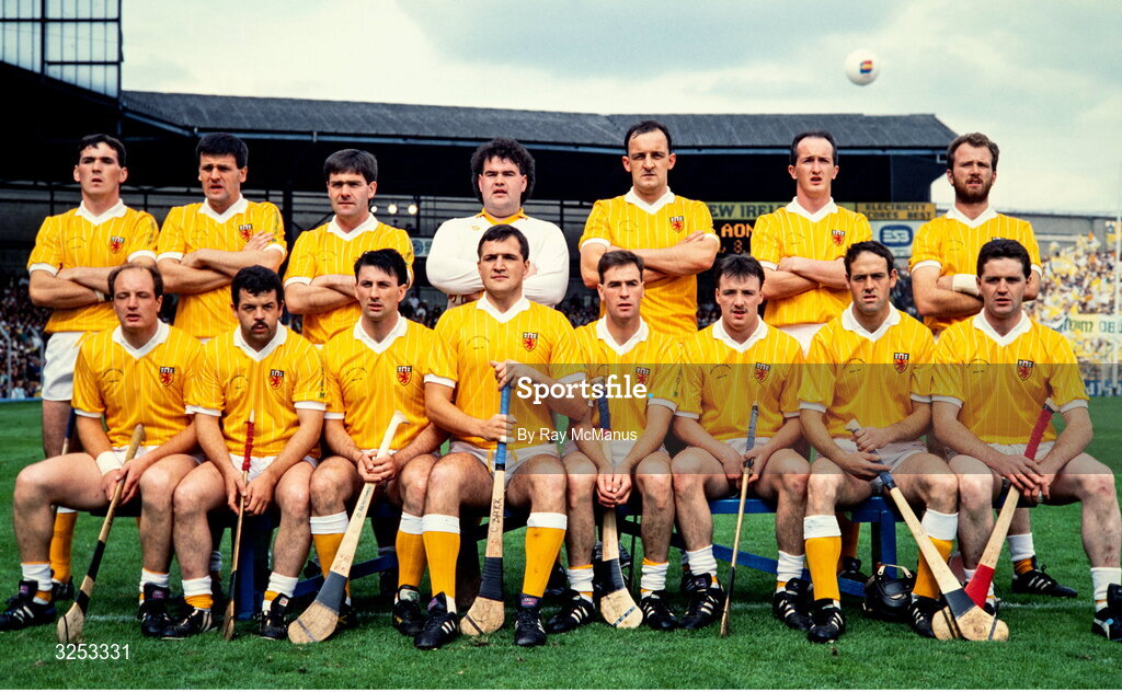 3 September 1989; Antrim team, back, from left, Paul McKillen, Brian Donnelly, Des Donnelly, Niall Patterson, Terence Donnelly, Dominic McKinley and Dominic McMullan, with, front, from left, Terence McNaughton, Olcan McFetridge, Donal Armstrong, Ciarán Barr, James McNaughton, Gary O’Kane, Leonard McKeegan and Aidan McCarry before the All-Ireland Senior Hurling Championship Final match between Tipperary and Antrim at Croke Park in Dublin. Photo by Ray McManus/Sportsfile