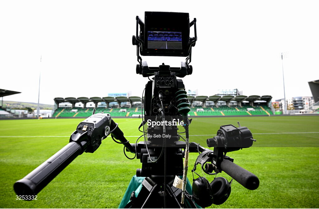 5 October 2025; A broadcast television camera before the Sports Direct Men’s FAI Cup semi-final match between Shamrock Rovers and Kerry FC at Tallaght Stadium in Dublin. Photo by Seb Daly/Sportsfile