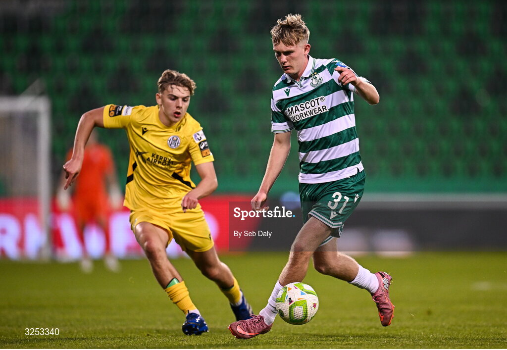 5 October 2025; Michael Noonan of Shamrock Rovers in action against Ronan Teahan of Kerry FC during the Sports Direct Men’s FAI Cup semi-final match between Shamrock Rovers and Kerry FC at Tallaght Stadium in Dublin. Photo by Seb Daly/Sportsfile