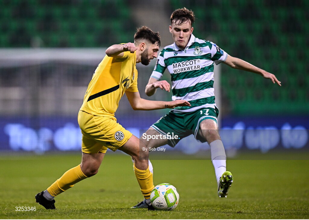 5 October 2025; Joe Adams of Kerry FC in action against Matt Healy of Shamrock Rovers during the Sports Direct Men’s FAI Cup semi-final match between Shamrock Rovers and Kerry FC at Tallaght Stadium in Dublin. Photo by Seb Daly/Sportsfile