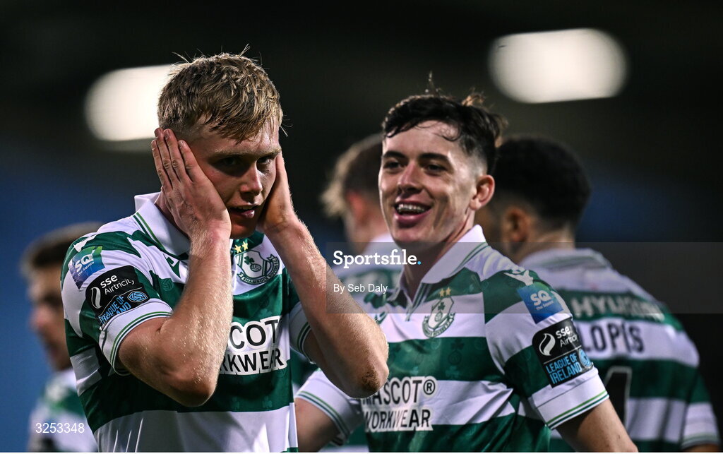 5 October 2025; Michael Noonan of Shamrock Rovers celebrates after scoring his side's third goal during the Sports Direct Men’s FAI Cup semi-final match between Shamrock Rovers and Kerry FC at Tallaght Stadium in Dublin. Photo by Seb Daly/Sportsfile