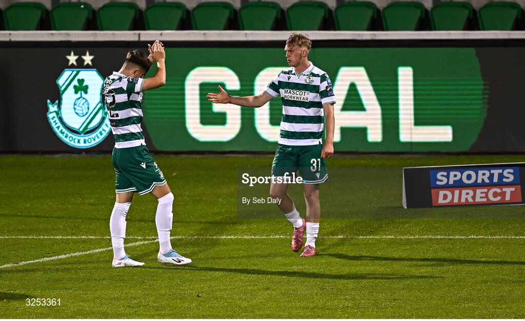 5 October 2025; Michael Noonan of Shamrock Rovers, right, celebrates with teammate Cian Barrett after scoring their side's fifth goal during the Sports Direct Men’s FAI Cup semi-final match between Shamrock Rovers and Kerry FC at Tallaght Stadium in Dublin. Photo by Seb Daly/Sportsfile