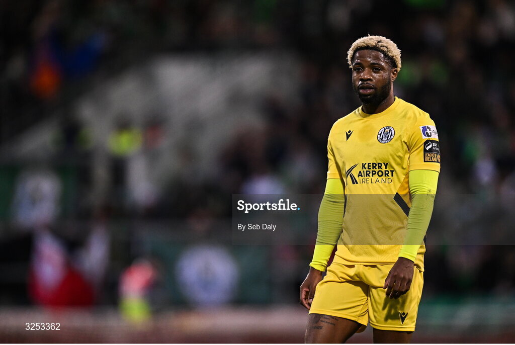 5 October 2025; Daniel Okwute of Kerry FC during the Sports Direct Men’s FAI Cup semi-final match between Shamrock Rovers and Kerry FC at Tallaght Stadium in Dublin. Photo by Seb Daly/Sportsfile