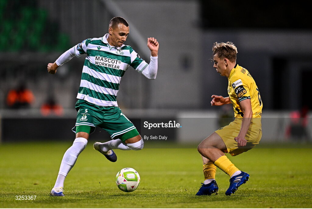 5 October 2025; Graham Burke of Shamrock Rovers in action against Ronan Teahan of Kerry FC during the Sports Direct Men’s FAI Cup semi-final match between Shamrock Rovers and Kerry FC at Tallaght Stadium in Dublin. Photo by Seb Daly/Sportsfile