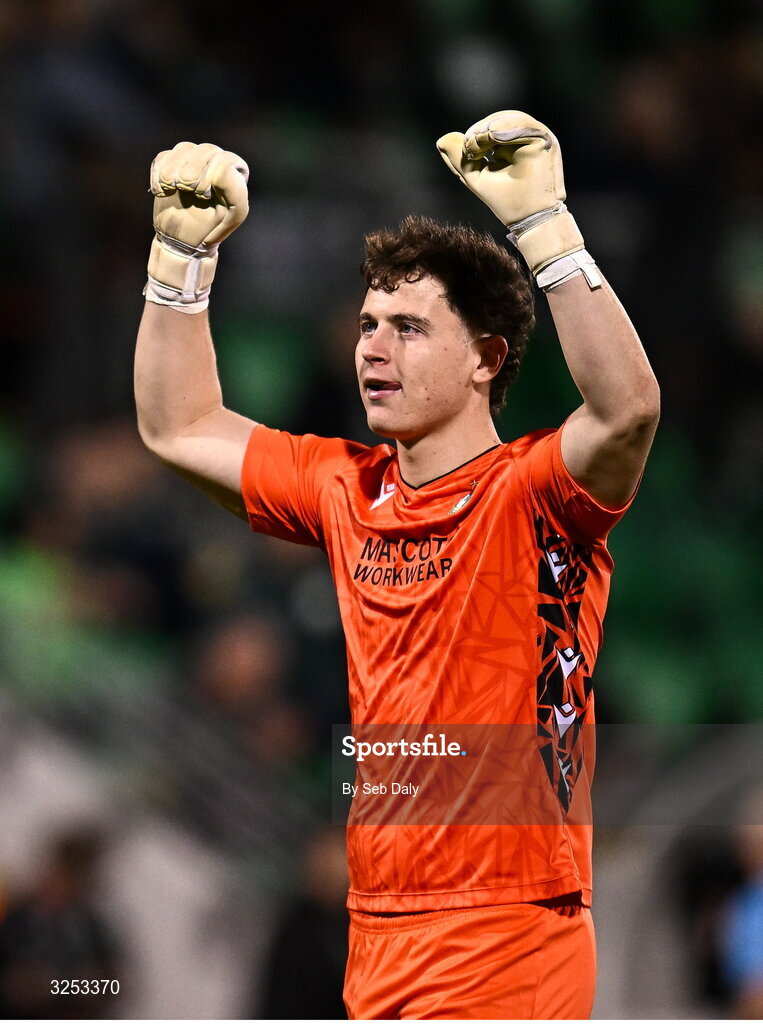 5 October 2025; Shamrock Rovers goalkeeper Ed McGinty celebrates after his side's victory in the Sports Direct Men’s FAI Cup semi-final match between Shamrock Rovers and Kerry FC at Tallaght Stadium in Dublin. Photo by Seb Daly/Sportsfile