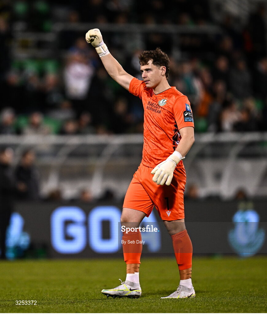 5 October 2025; Shamrock Rovers goalkeeper Ed McGinty celebrates his side's sixth goal the Sports Direct Men’s FAI Cup semi-final match between Shamrock Rovers and Kerry FC at Tallaght Stadium in Dublin. Photo by Seb Daly/Sportsfile