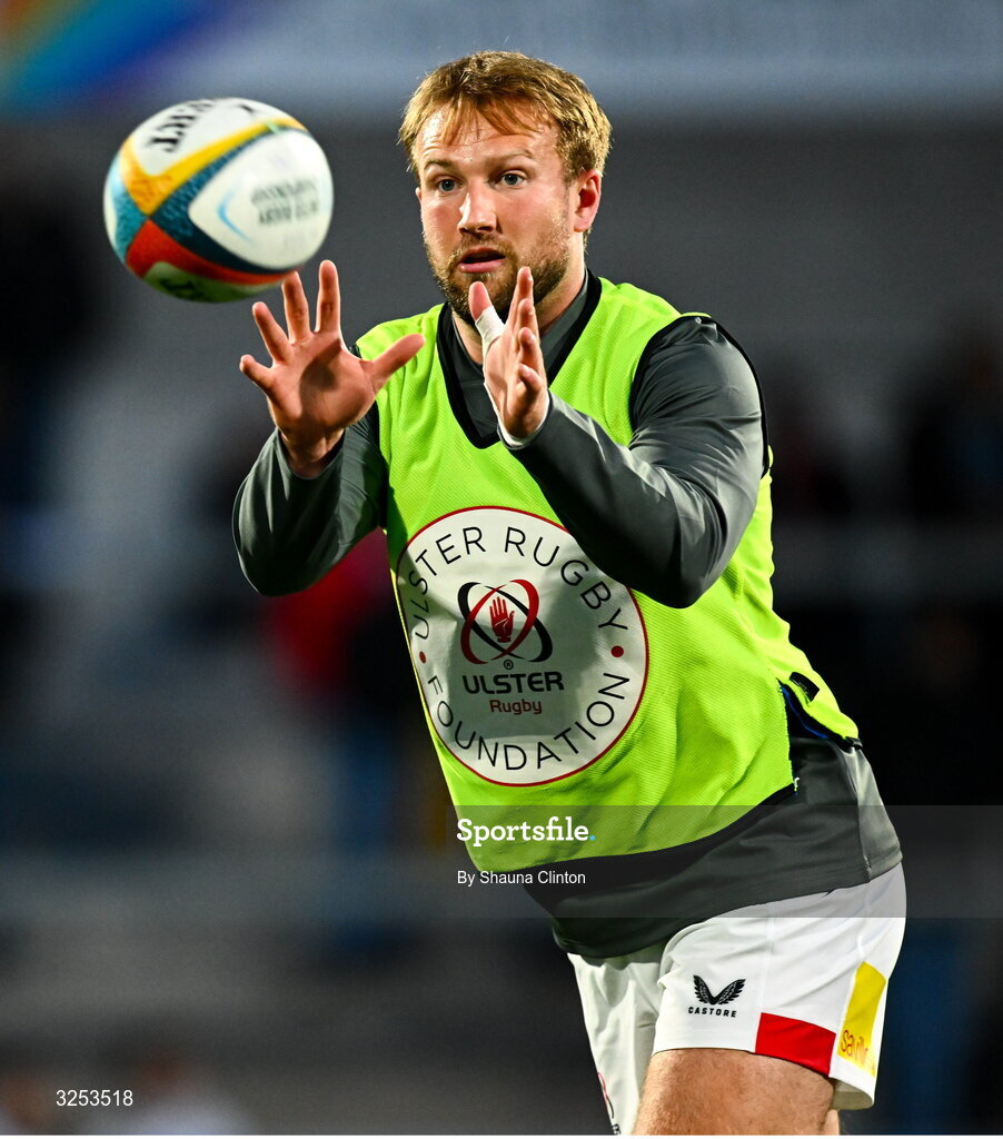 26 September 2025; Stewart Moore of Ulster warms-up before the United Rugby Championship match between Ulster and Dragons at Affidea Stadium in Belfast. Photo by Shauna Clinton/Sportsfile