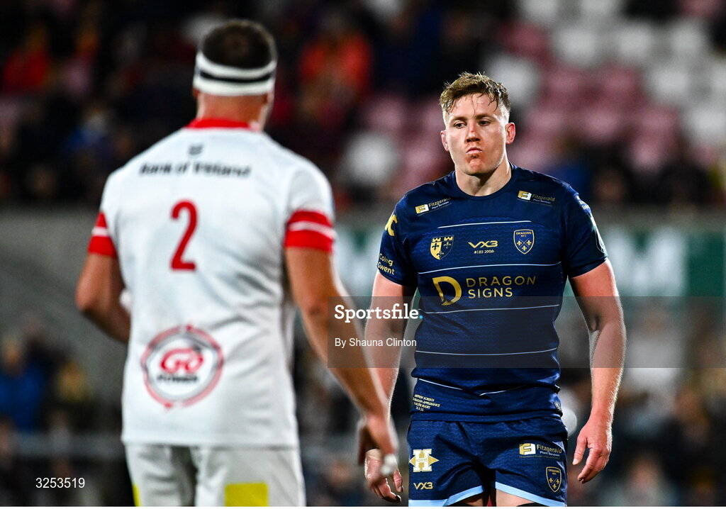 26 September 2025; Matthew Screech of Dragons, right, and Rob Herring during the United Rugby Championship match between Ulster and Dragons at Affidea Stadium in Belfast. Photo by Shauna Clinton/Sportsfile