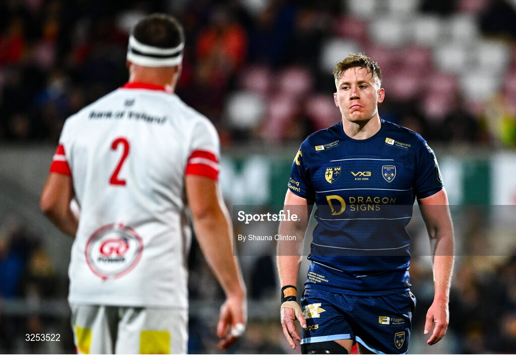 26 September 2025; Matthew Screech of Dragons, right, and Rob Herring during the United Rugby Championship match between Ulster and Dragons at Affidea Stadium in Belfast. Photo by Shauna Clinton/Sportsfile