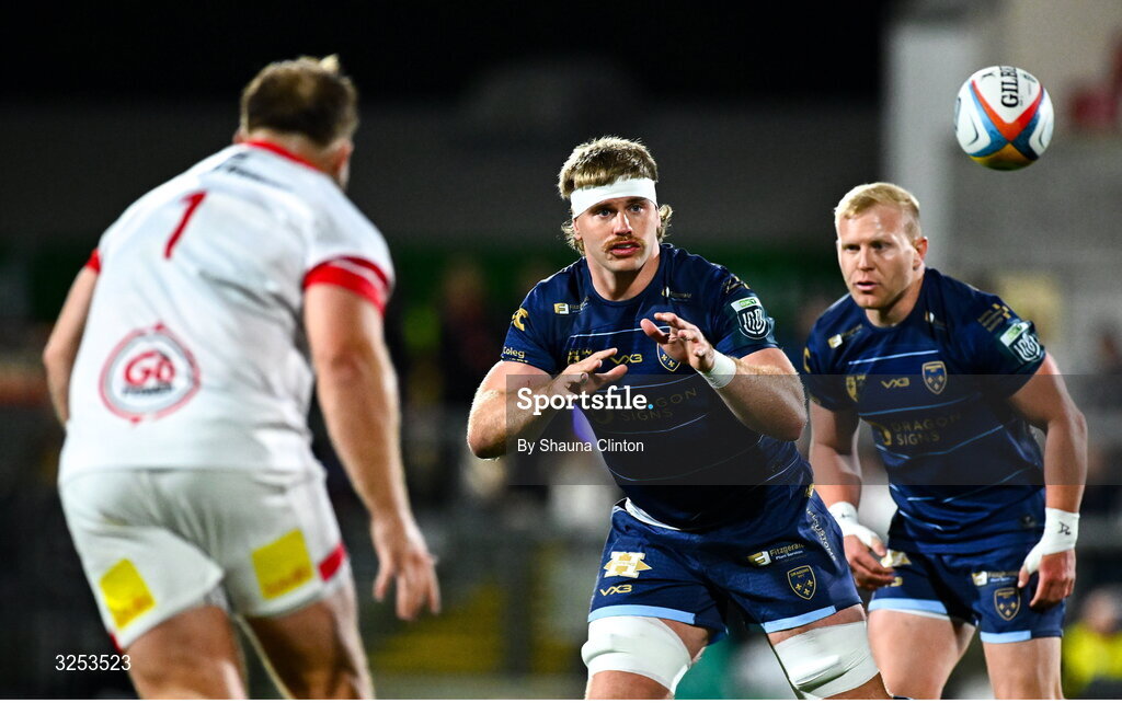 26 September 2025; Aaron Wainwright of Dragons during the United Rugby Championship match between Ulster and Dragons at Affidea Stadium in Belfast. Photo by Shauna Clinton/Sportsfile
