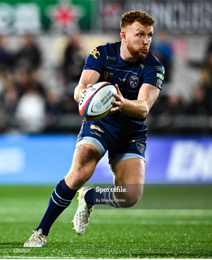 26 September 2025; Aneurin Owen of Dragons during the United Rugby Championship match between Ulster and Dragons at Affidea Stadium in Belfast. Photo by Shauna Clinton/Sportsfile