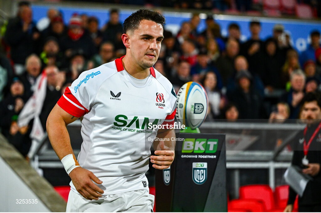26 September 2025; James Hume of Ulster runs out onto the pitch ahead of his 100th cap in the United Rugby Championship match between Ulster and Dragons at Affidea Stadium in Belfast. Photo by Shauna Clinton/Sportsfile
