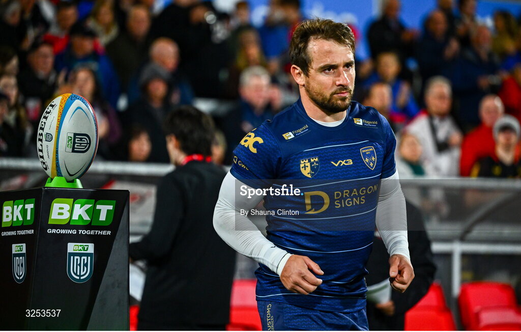 26 September 2025; Rhodri Williams of Dragons runs out onto the pitch ahead of the United Rugby Championship match between Ulster and Dragons at Affidea Stadium in Belfast. Photo by Shauna Clinton/Sportsfile