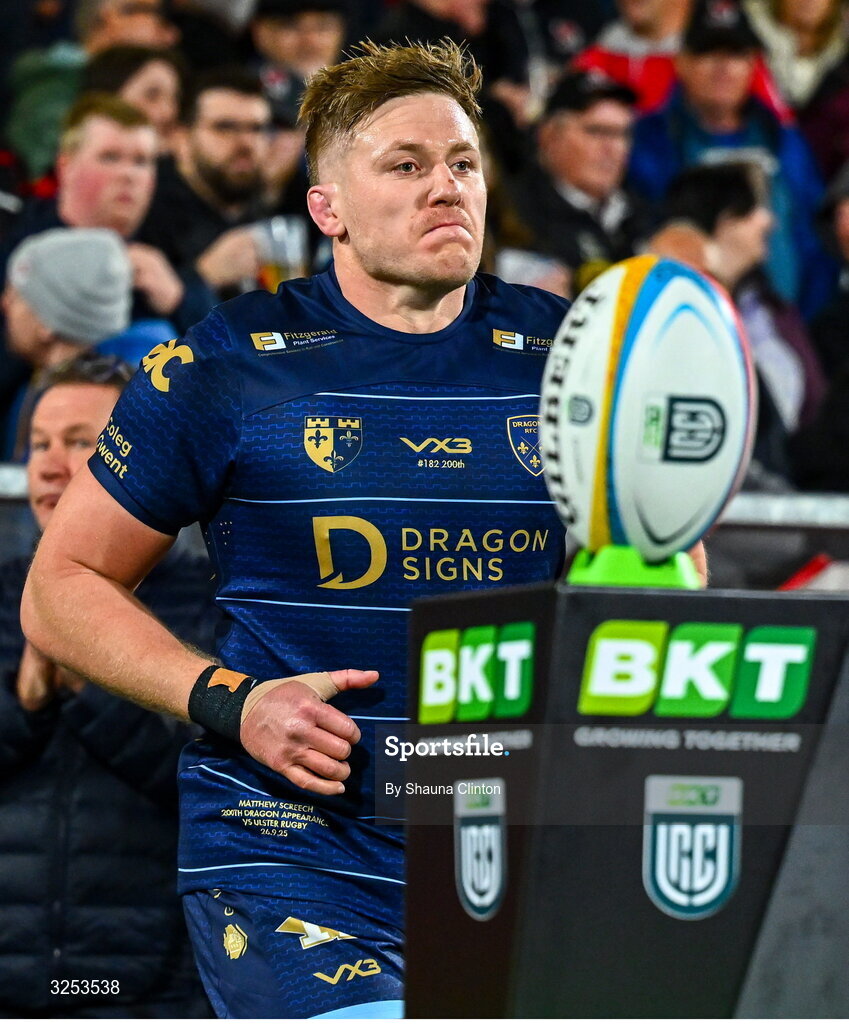 26 September 2025; Matthew Screech of Dragons runs out onto the pitch ahead of his 200th cap in the United Rugby Championship match between Ulster and Dragons at Affidea Stadium in Belfast. Photo by Shauna Clinton/Sportsfile