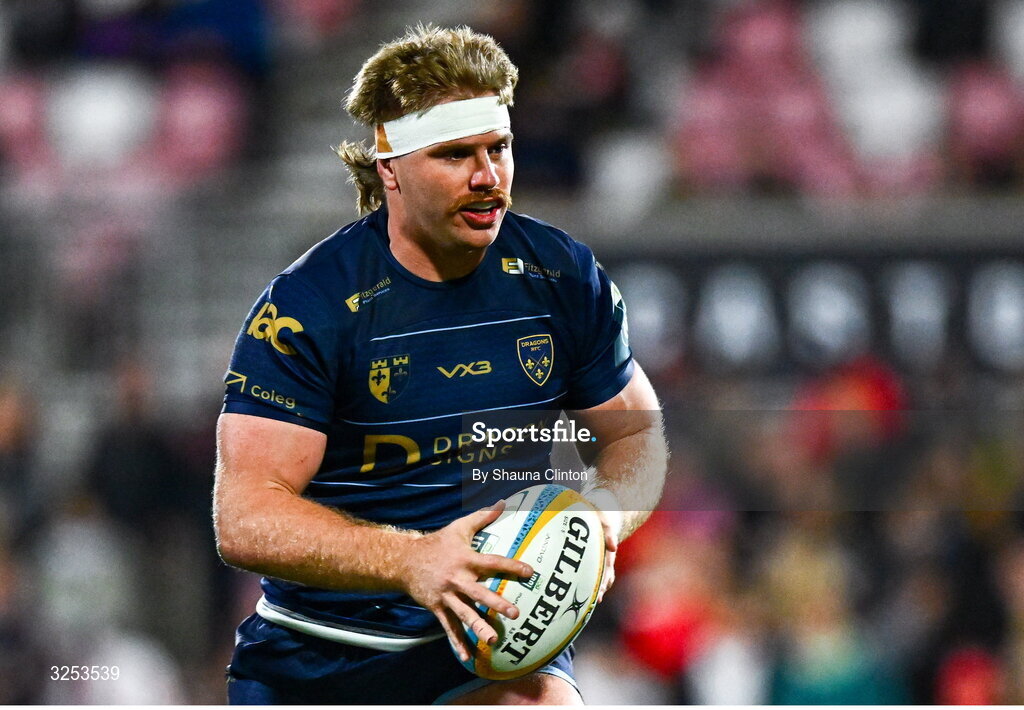26 September 2025; Aaron Wainwright of Dragons during the United Rugby Championship match between Ulster and Dragons at Affidea Stadium in Belfast. Photo by Shauna Clinton/Sportsfile
