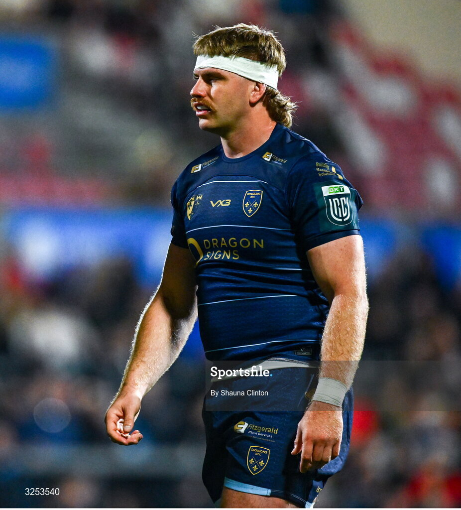 26 September 2025; Aaron Wainwright of Dragons during the United Rugby Championship match between Ulster and Dragons at Affidea Stadium in Belfast. Photo by Shauna Clinton/Sportsfile