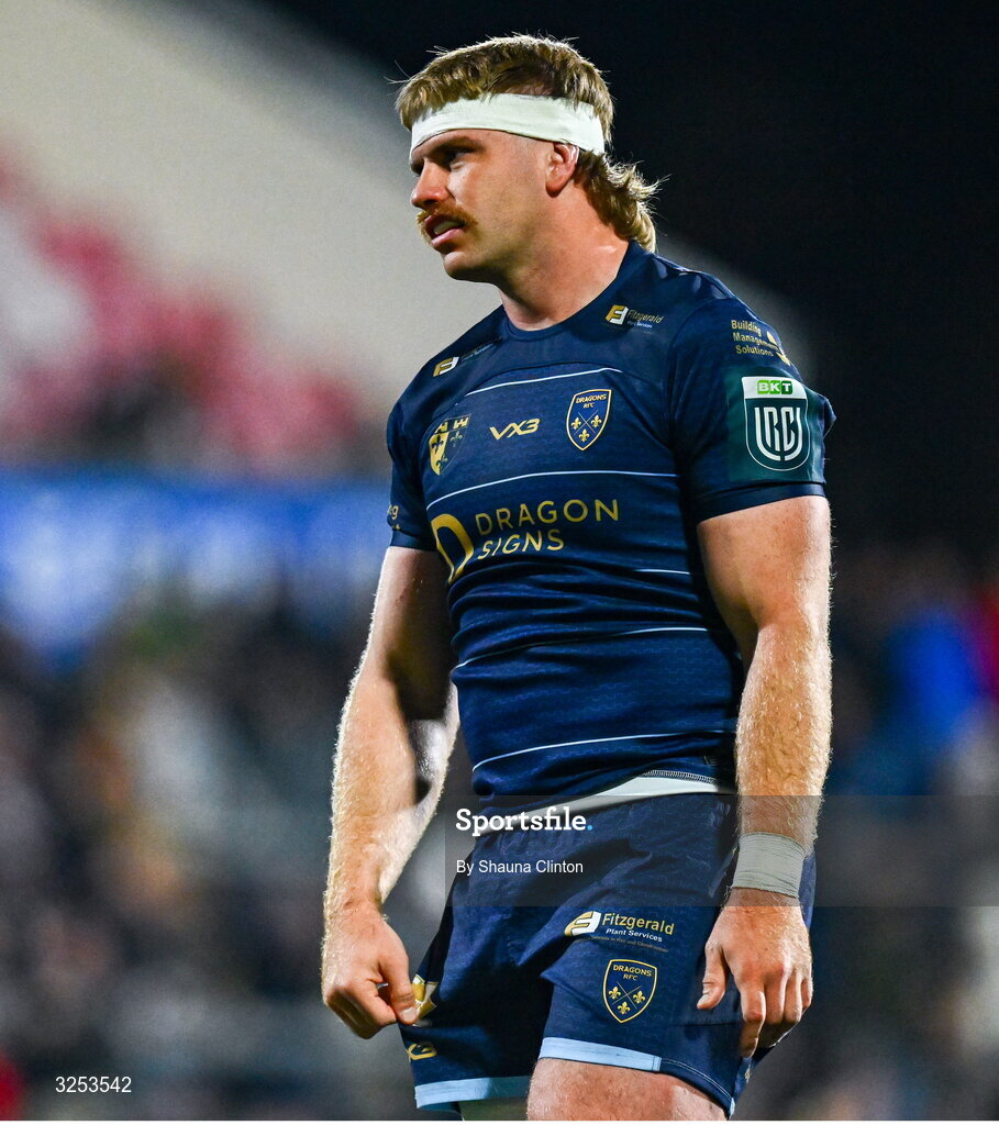 26 September 2025; Aaron Wainwright of Dragons during the United Rugby Championship match between Ulster and Dragons at Affidea Stadium in Belfast. Photo by Shauna Clinton/Sportsfile