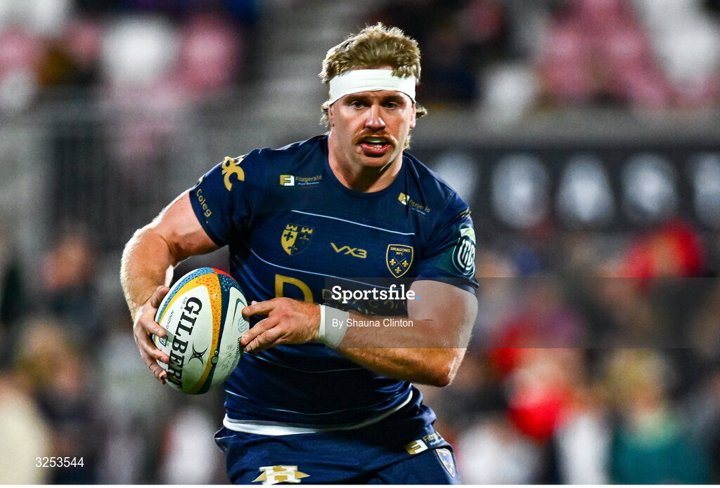 26 September 2025; Aaron Wainwright of Dragons during the United Rugby Championship match between Ulster and Dragons at Affidea Stadium in Belfast. Photo by Shauna Clinton/Sportsfile