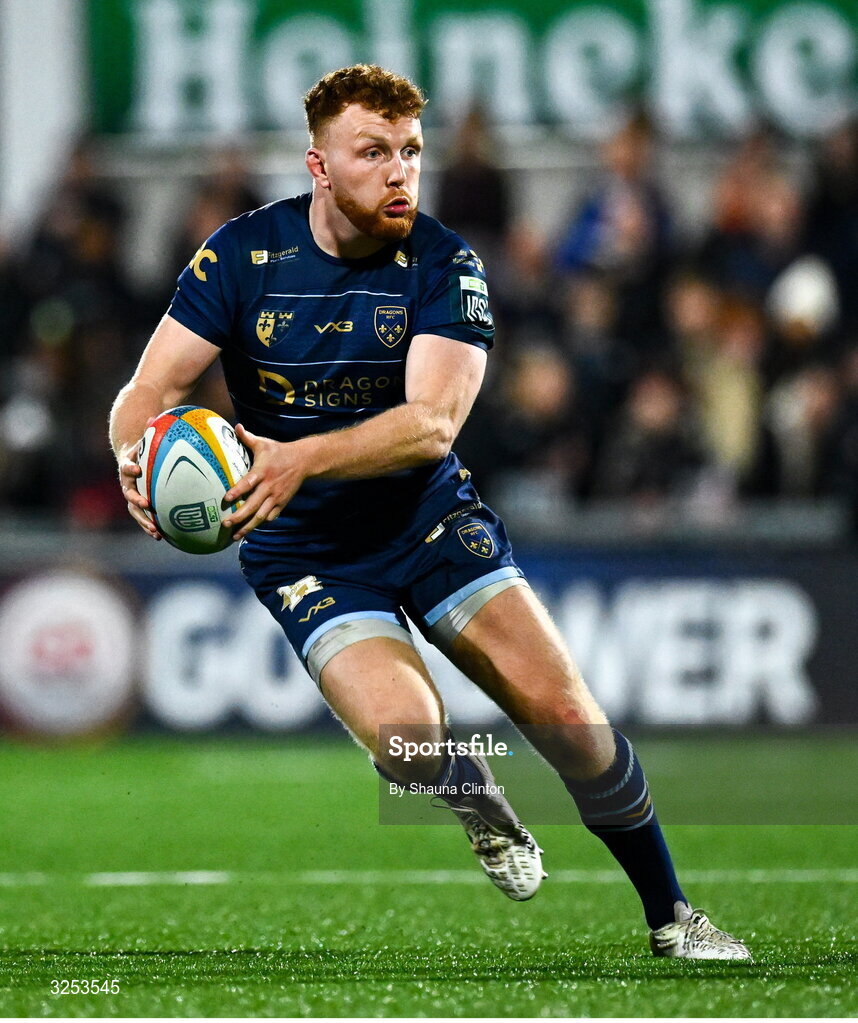 26 September 2025; Aneurin Owen of Dragons during the United Rugby Championship match between Ulster and Dragons at Affidea Stadium in Belfast. Photo by Shauna Clinton/Sportsfile