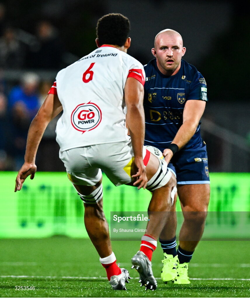 26 September 2025; Dillon Lewis of Dragons in action against Cormac Izuchukwu of Ulster during the United Rugby Championship match between Ulster and Dragons at Affidea Stadium in Belfast. Photo by Shauna Clinton/Sportsfile