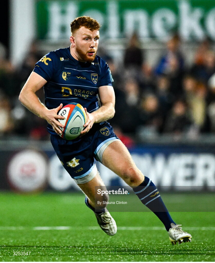 26 September 2025; Aneurin Owen of Dragons during the United Rugby Championship match between Ulster and Dragons at Affidea Stadium in Belfast. Photo by Shauna Clinton/Sportsfile