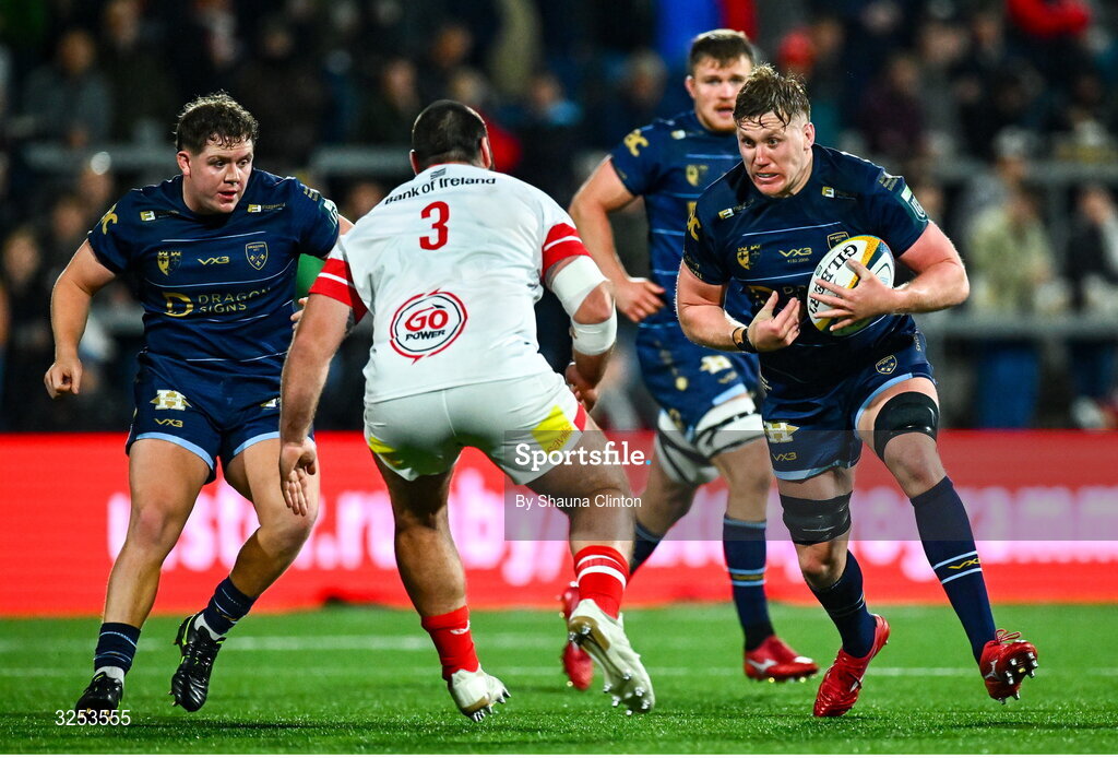 26 September 2025; Matthew Screech of Dragons in action against Tom O'Toole of Ulster during the United Rugby Championship match between Ulster and Dragons at Affidea Stadium in Belfast. Photo by Shauna Clinton/Sportsfile