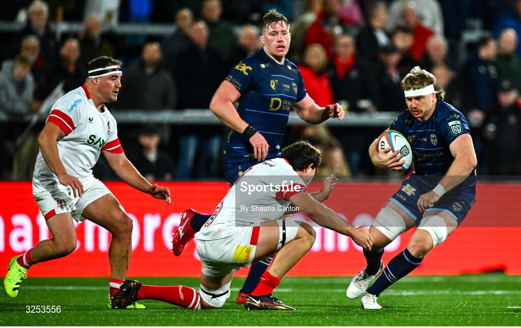 26 September 2025; Aaron Wainwright of Dragons in action against Tom Stewart of Ulster during the United Rugby Championship match between Ulster and Dragons at Affidea Stadium in Belfast. Photo by Shauna Clinton/Sportsfile