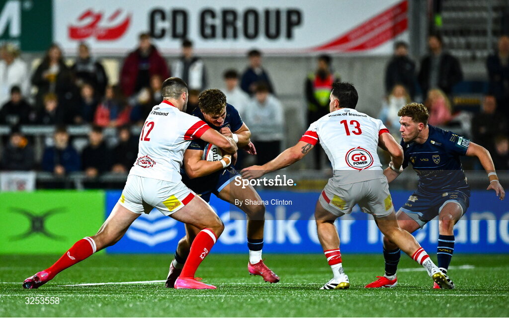 26 September 2025; Joe Westwood of Dragons in action against Stuart McCloskey of Ulster during the United Rugby Championship match between Ulster and Dragons at Affidea Stadium in Belfast. Photo by Shauna Clinton/Sportsfile