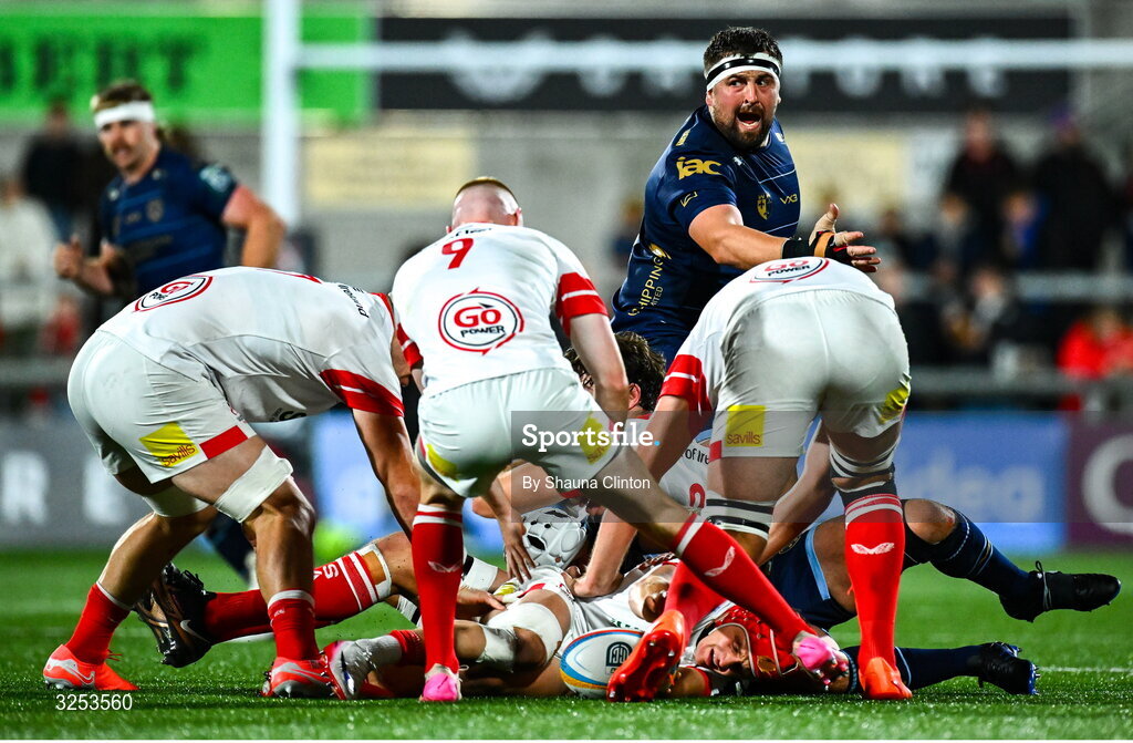 26 September 2025; Wyn Jones of Dragons issues instructions to team-mates as he oversees a rook during the United Rugby Championship match between Ulster and Dragons at Affidea Stadium in Belfast. Photo by Shauna Clinton/Sportsfile
