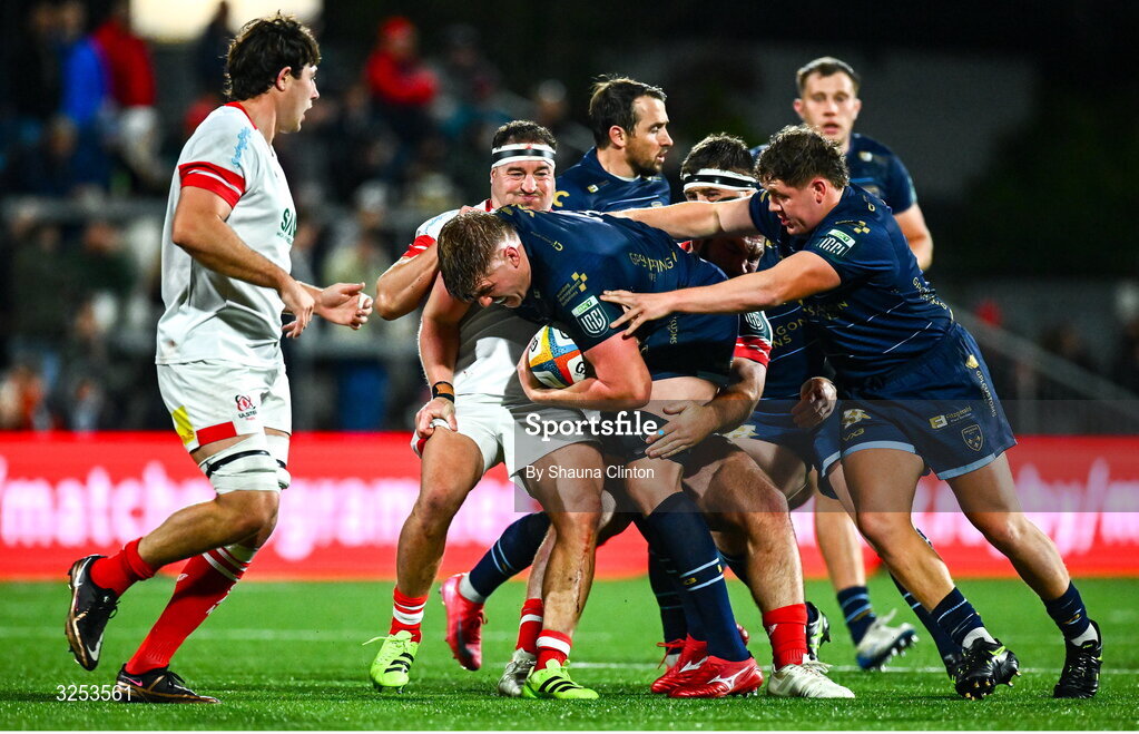 26 September 2025; Matthew Screech of Dragons in action against Tom O'Toole of Ulster during the United Rugby Championship match between Ulster and Dragons at Affidea Stadium in Belfast. Photo by Shauna Clinton/Sportsfile